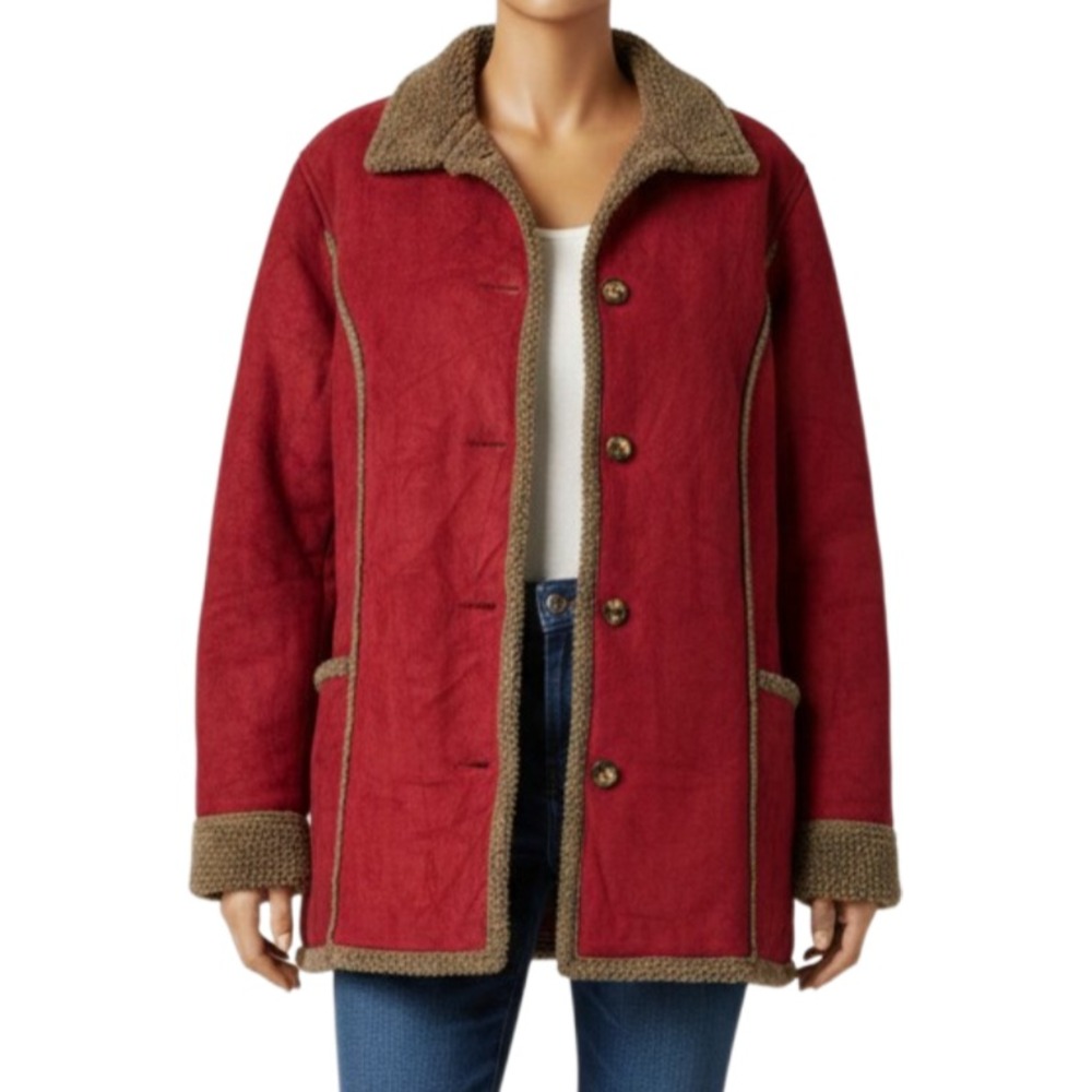 LL Bean Shearling Coat Womens L Red Sherpa Suede Cabincore Western Vintage Y2K